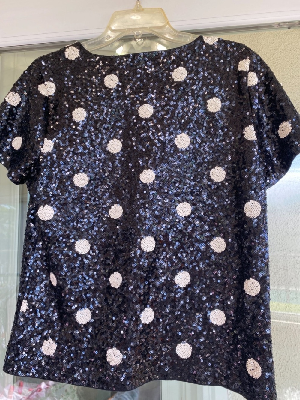 J. Crew Black Sequin Polka Dot Short Sleeve Top Size Large Holiday Party Sparkle - Picture 3 of 13